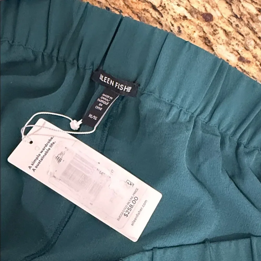 Eileen Fisher 100% Silk Cropped Pull On Pants Teal Green XL NWT